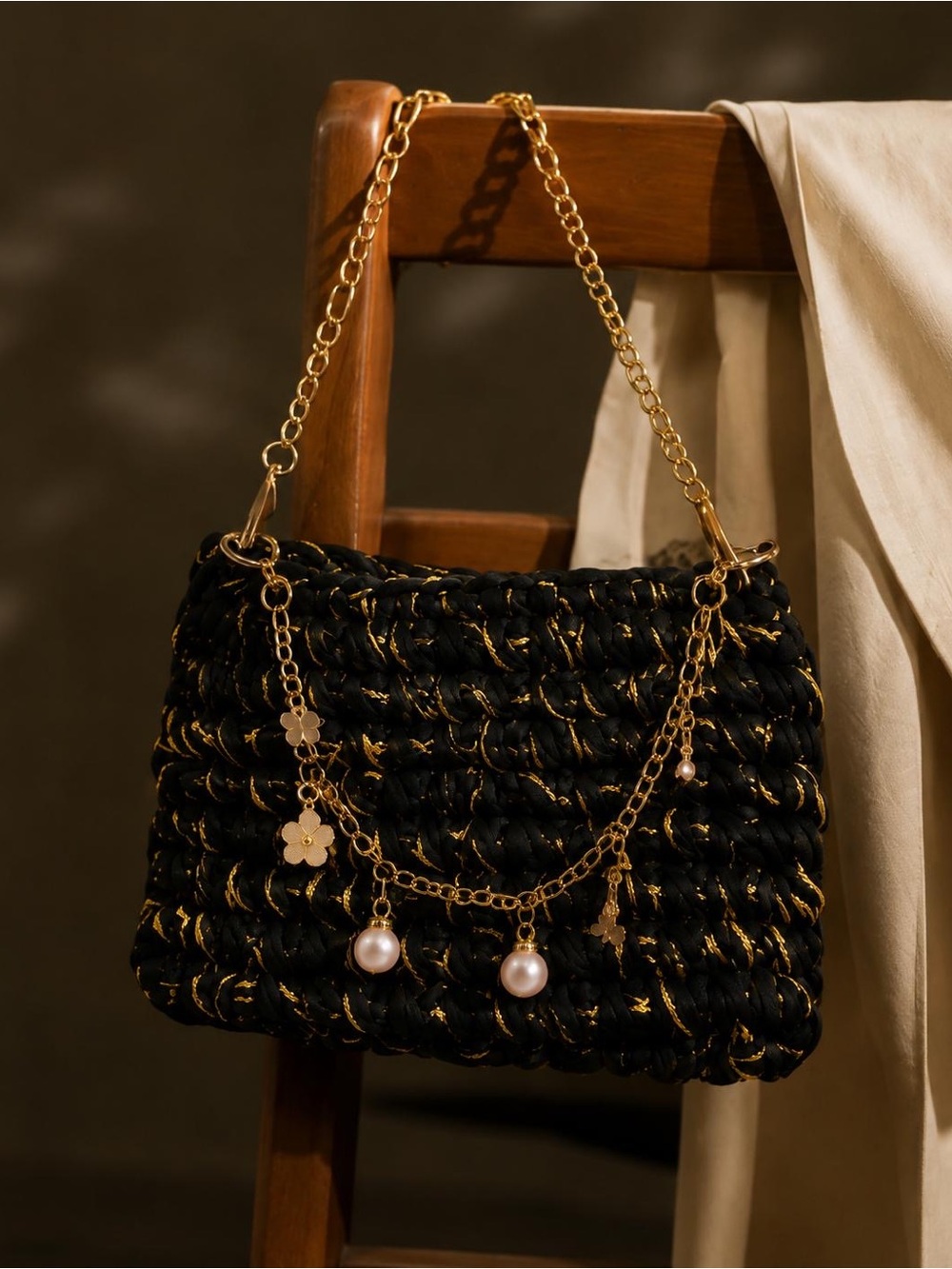 Black Woven Shoulder Bag with Gold Chain and Pearl Charms